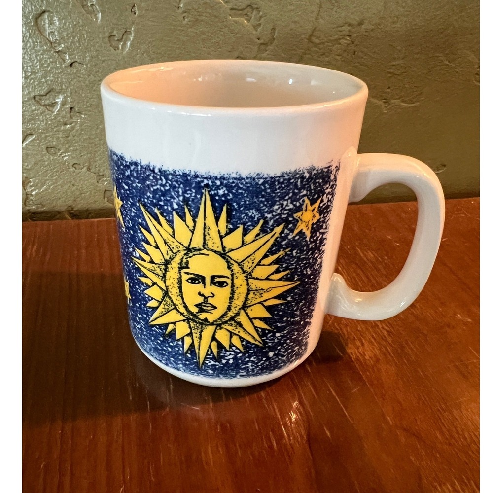 Vintage Celestial Sun Face Stars Coffee Mug Blue White Ceramic Made in Britain